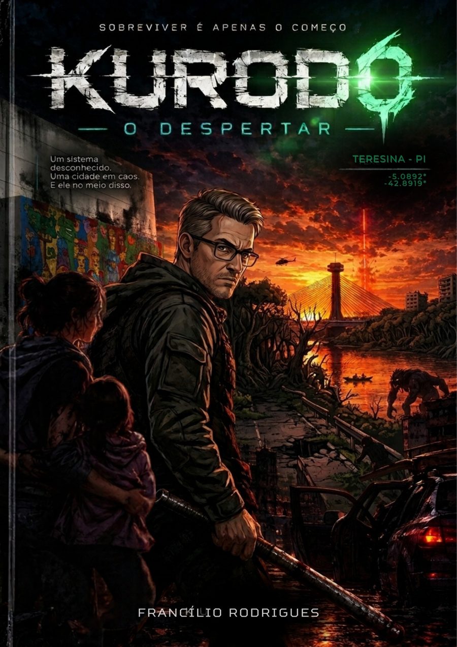 Capa de Kurod0 — O Despertar: um homem de óculos e mochila diante de Teresina em chamas, com uma criatura no alto de um prédio